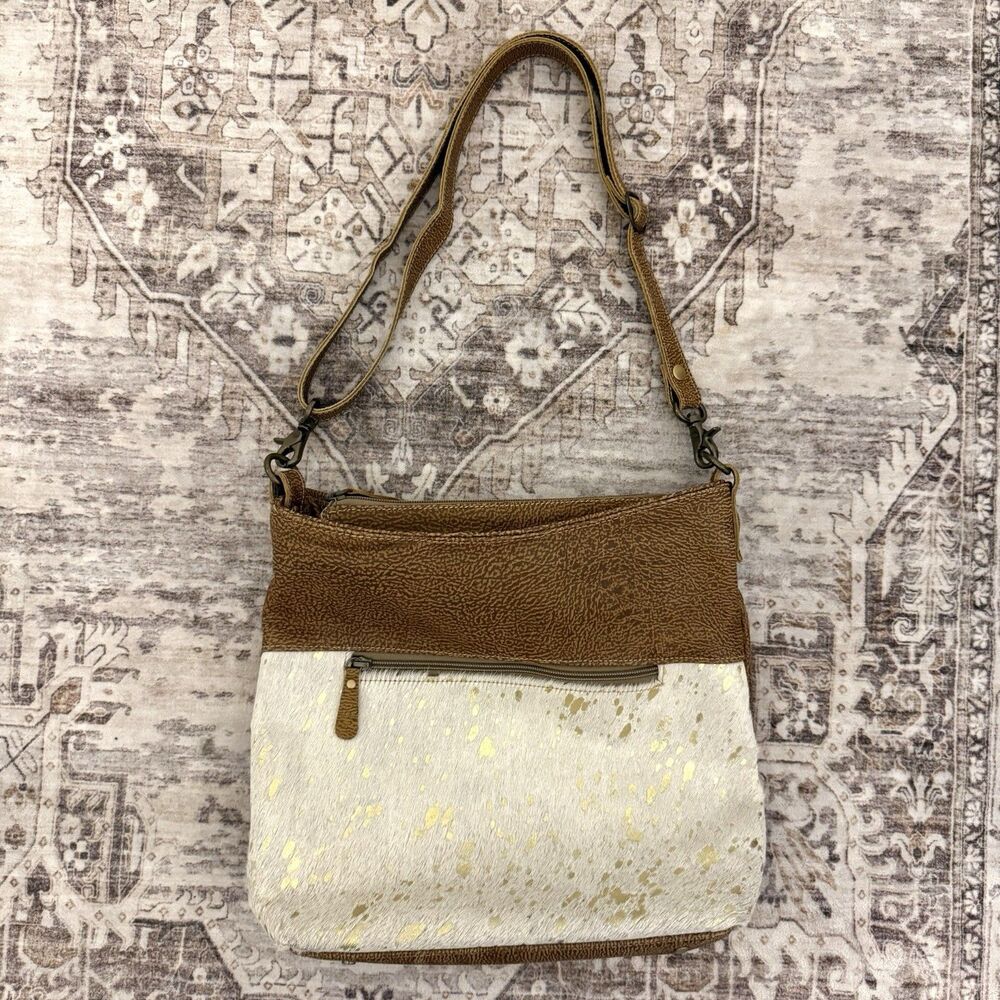 Myra Bag Freethinker Cowhide Leather Gold Splatter Crossbody Purse Brown